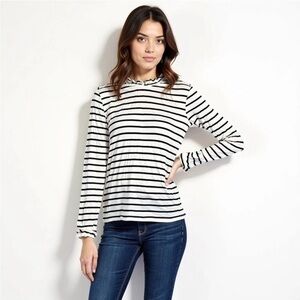 Kaleigh Women's Top White with Black Stripes Ruffle Sleeves and Neck Size Medium